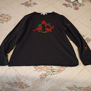 Mercer Street Studio Black Long Sleeve Tee with Red and Green Embroidery